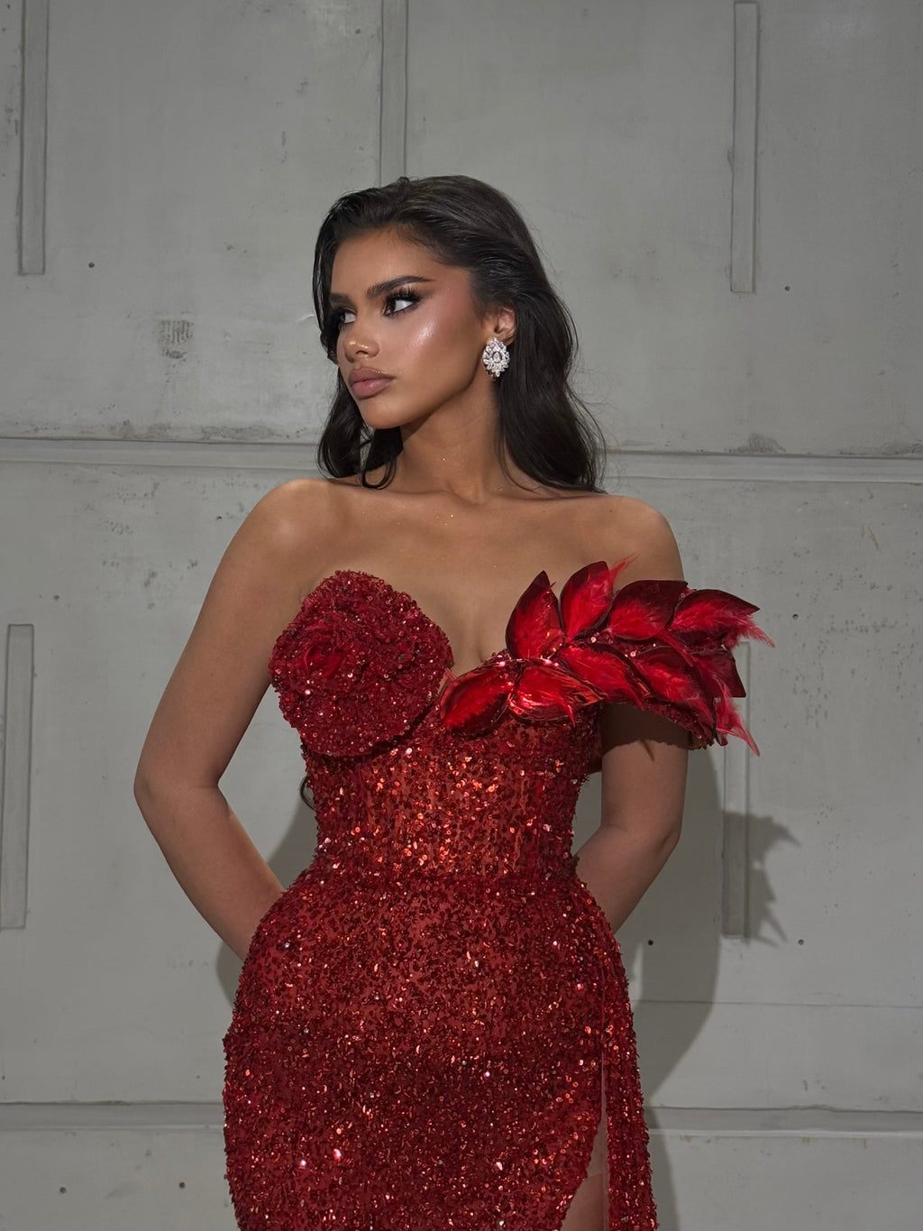 Long Off Shoulder Red Dress with Slit and 3D Flowers