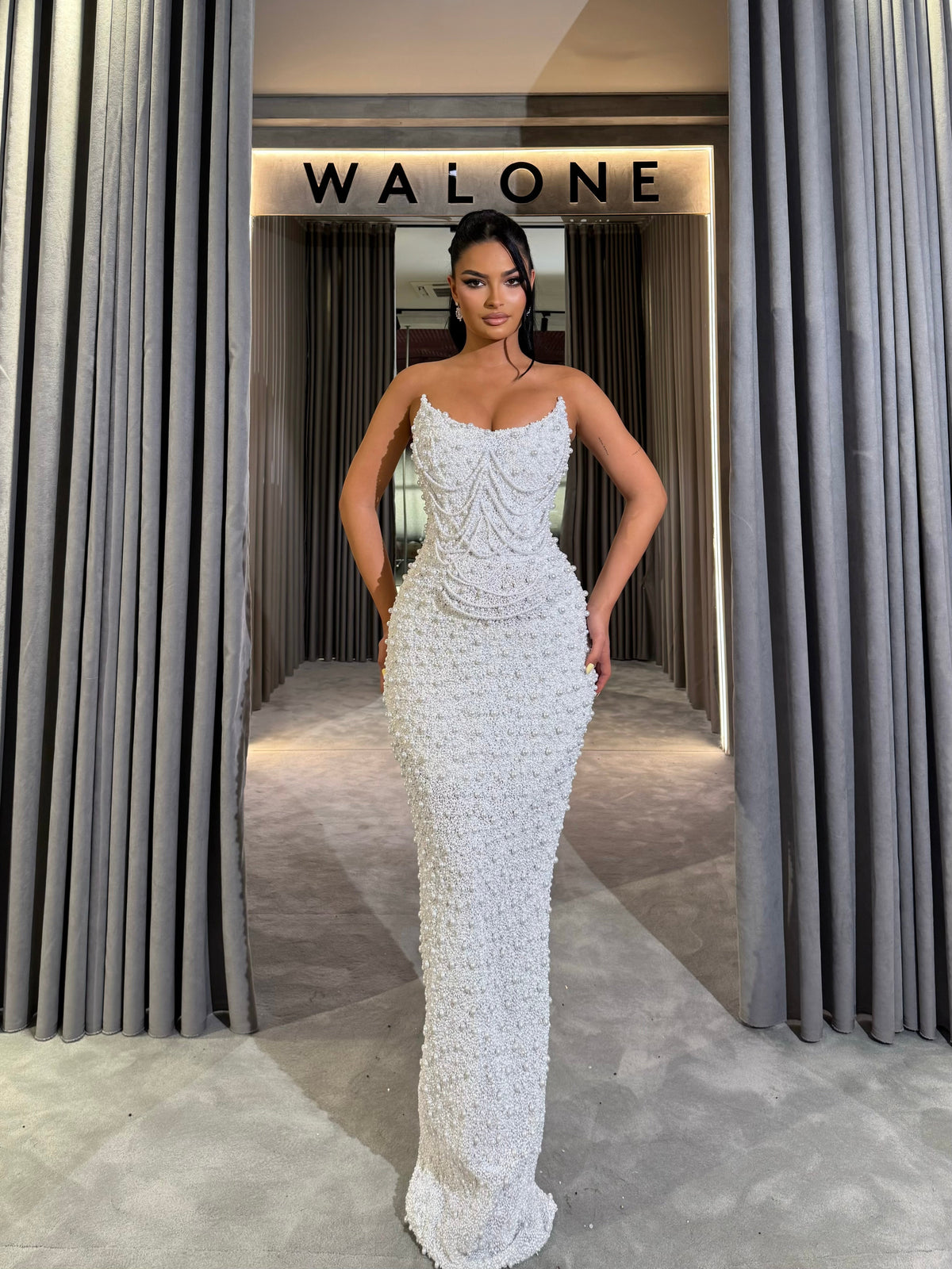 White Pearled Scoop Gown