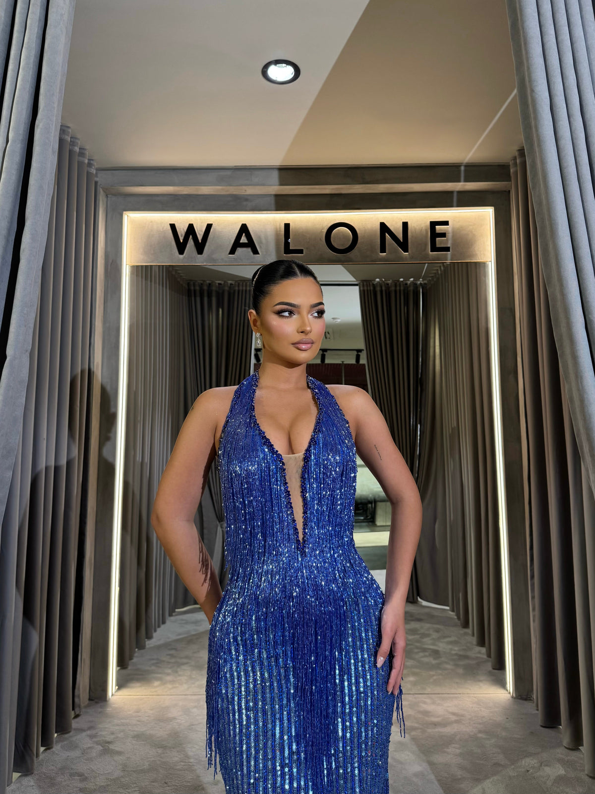 Sapphire Crystal Fringe Halter Gown