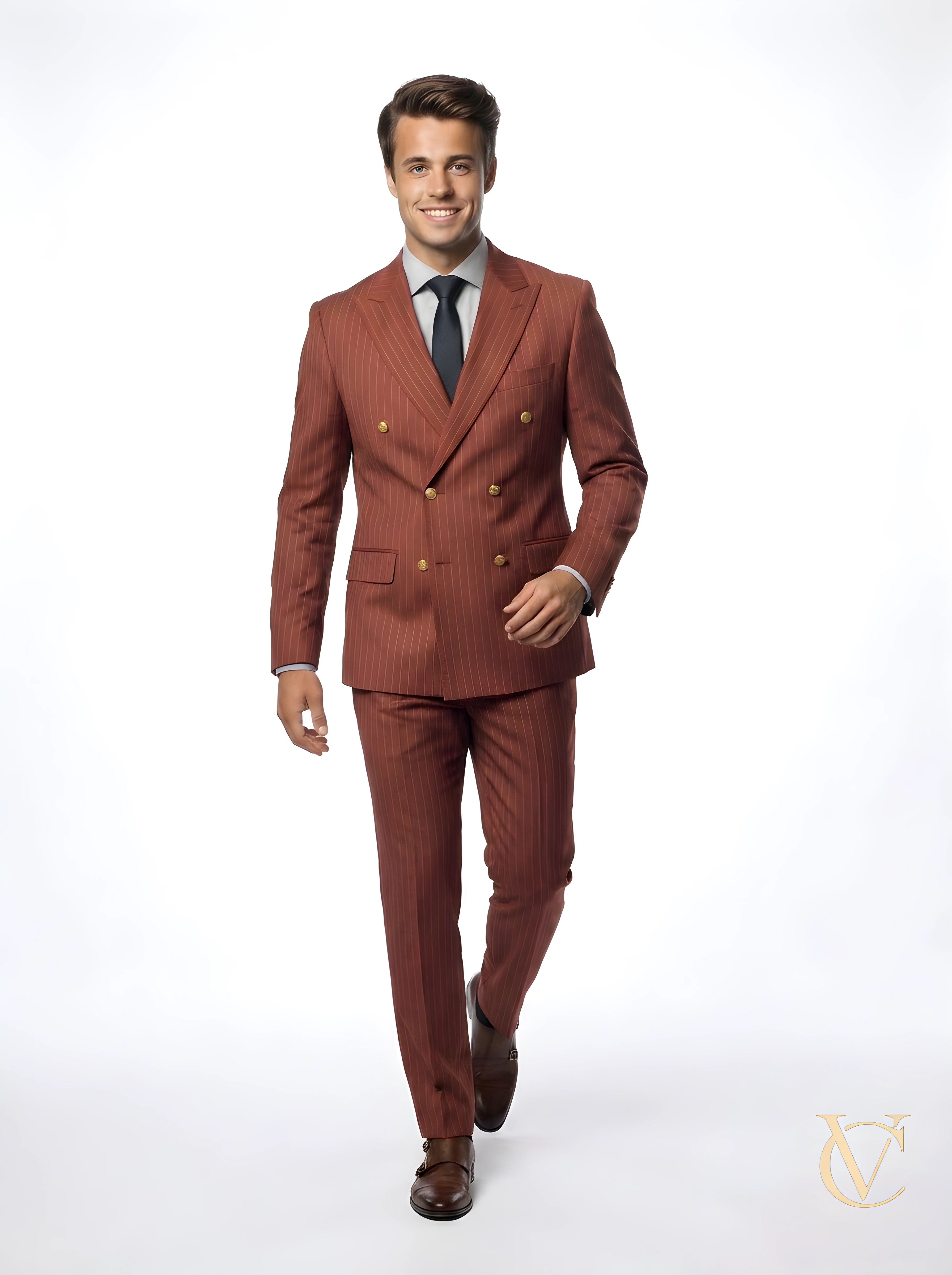 Man wearing a tailored 2-Piece Suit - Burgundy | Vellure Couture with a double-breasted blazer and matching trousers, styled with a black tie and dress shoes, walking confidently.