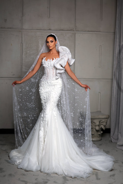 Off-Shoulder Crystal Mermaid Gown - Vellure Couture
