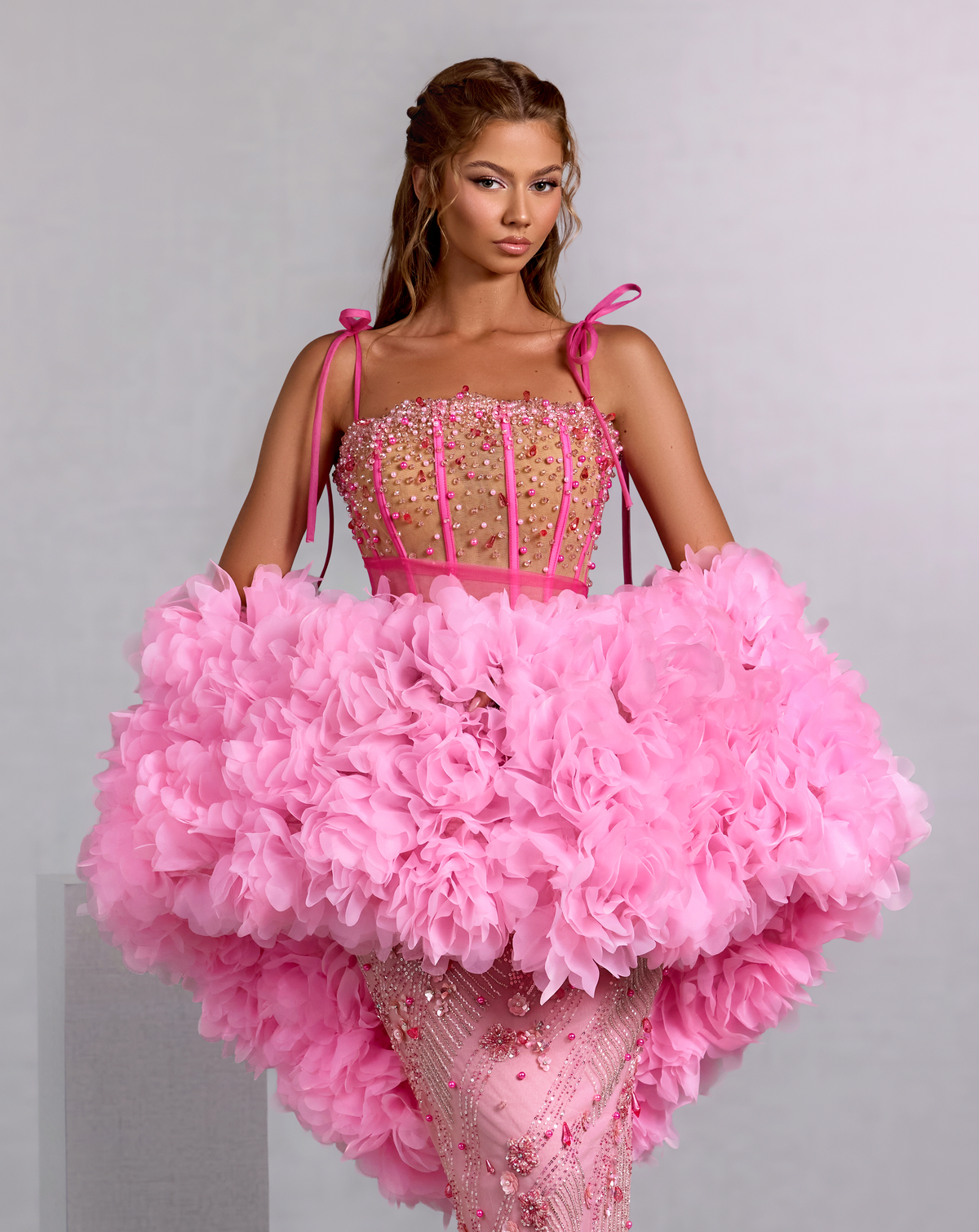 Embellished Pink Gown with Detachable Floral Organza Sleeves