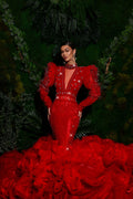 Puffy Shoulders & 3d Crystals-Cut Out Lace -Red