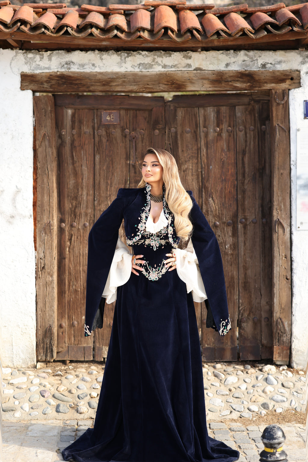 Donika - Velvet Gown with Crystal Waist Embroidery