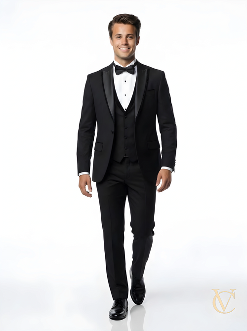 Noir couture three-piece tuxedo suit | Luxury black tie menswear | Vellure Couture Northampton
