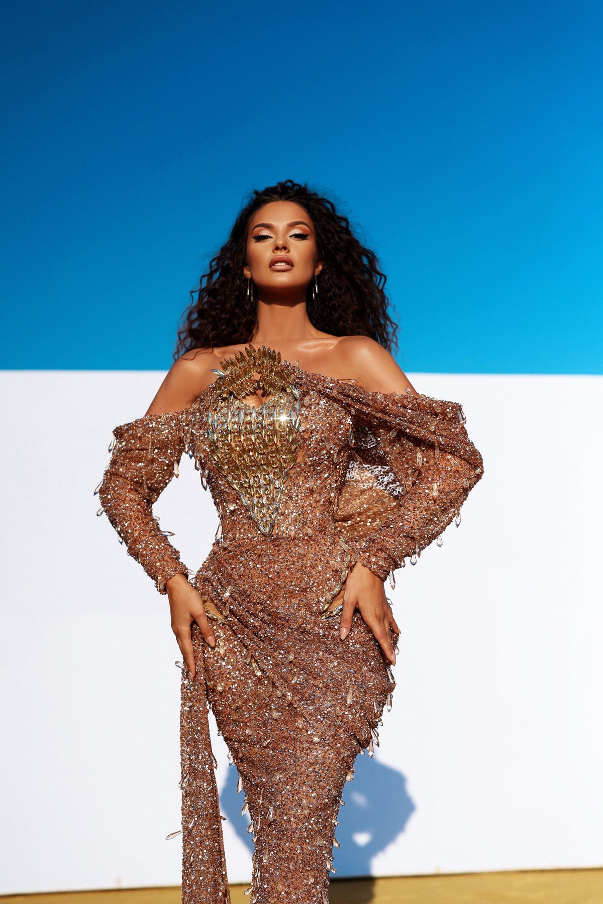Off Shoulders Brown Crystal Dress with Side Tail