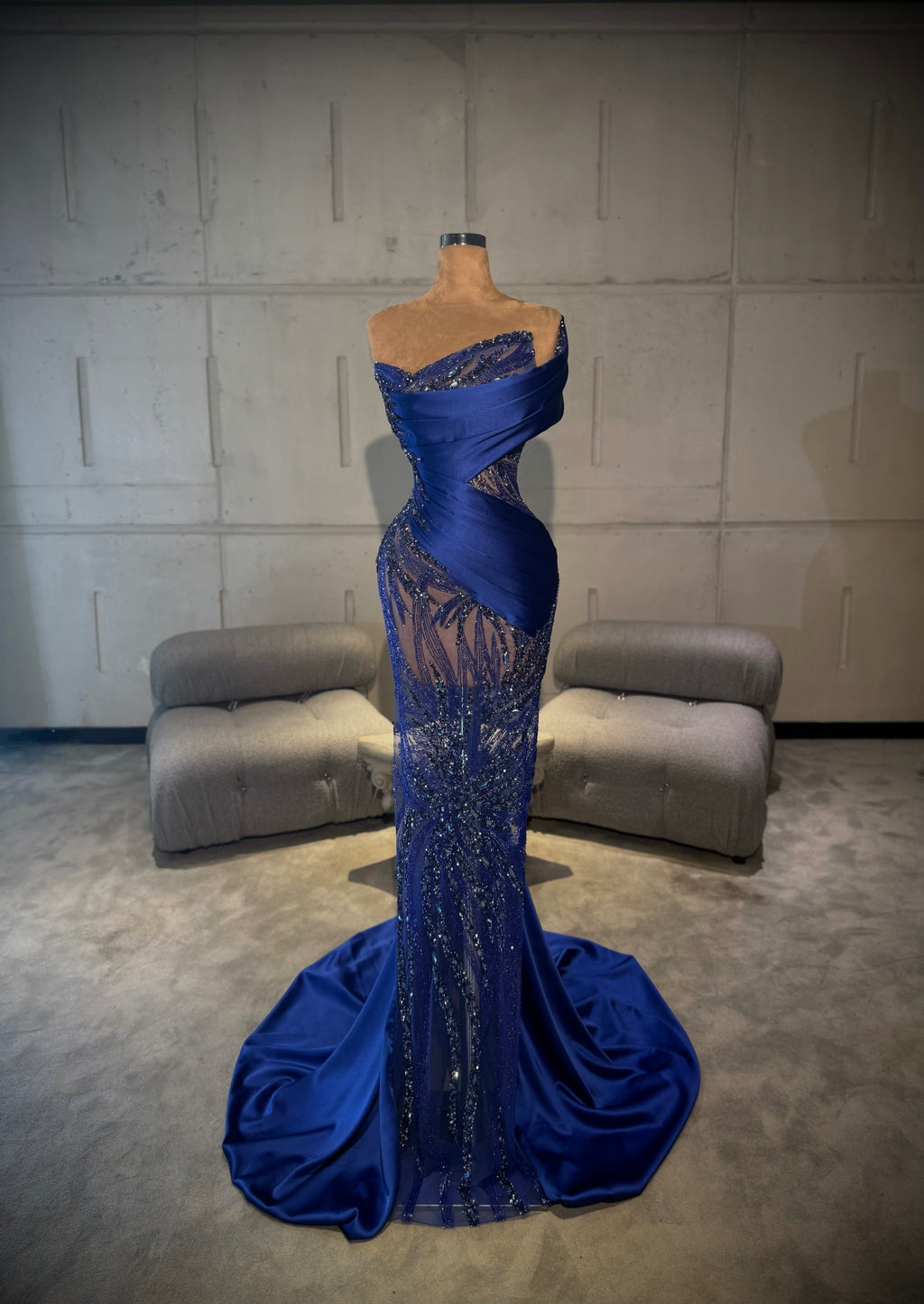 Dahlia - One Shoulder Beaded Satin Gown with Train
