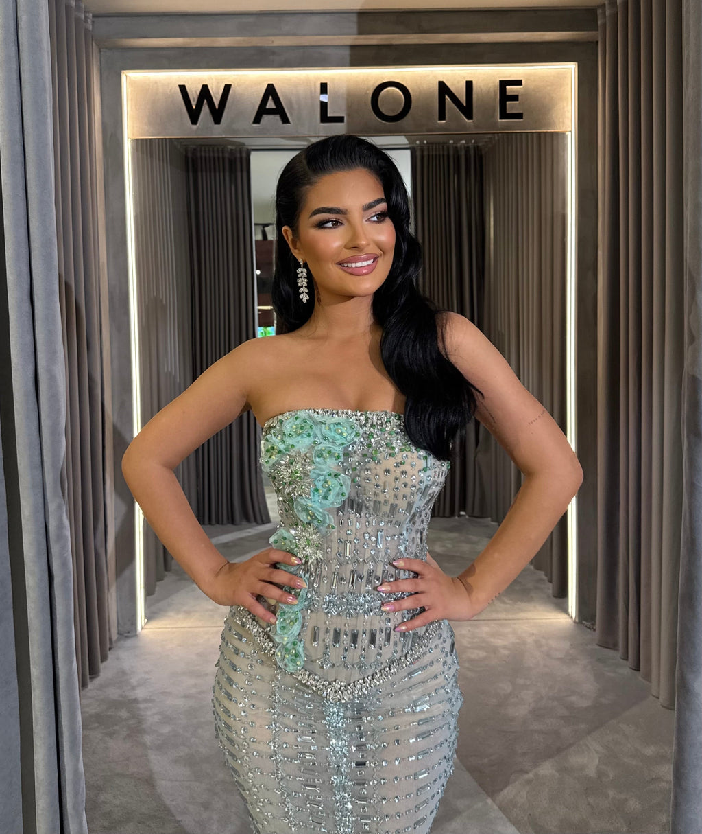 Crystal Mint Embellished Strapless Gown
