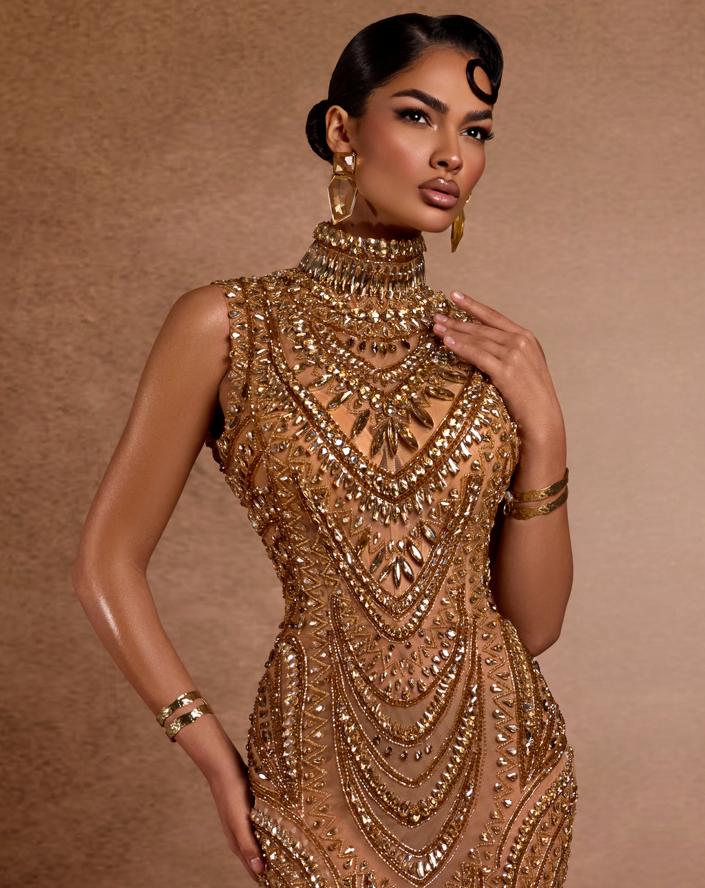 High Neck Gold Embellished Dress