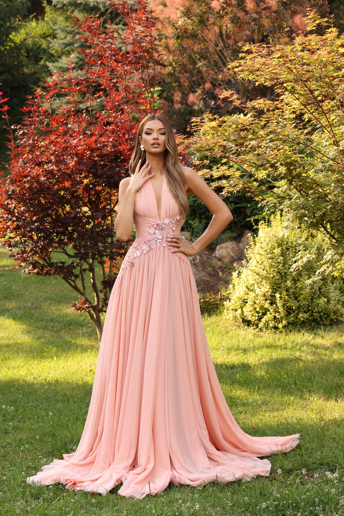 Meliora – Peach Halter Gown with Floral Embellishment