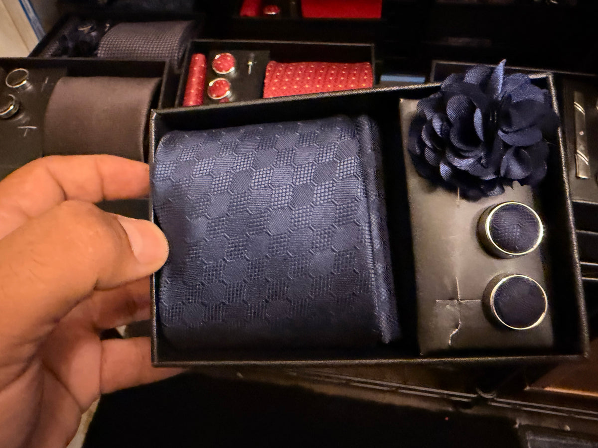 Navy Blue Textured Tie & Lapel Pin Gift Set | Luxury Menswear | Vellure Couture