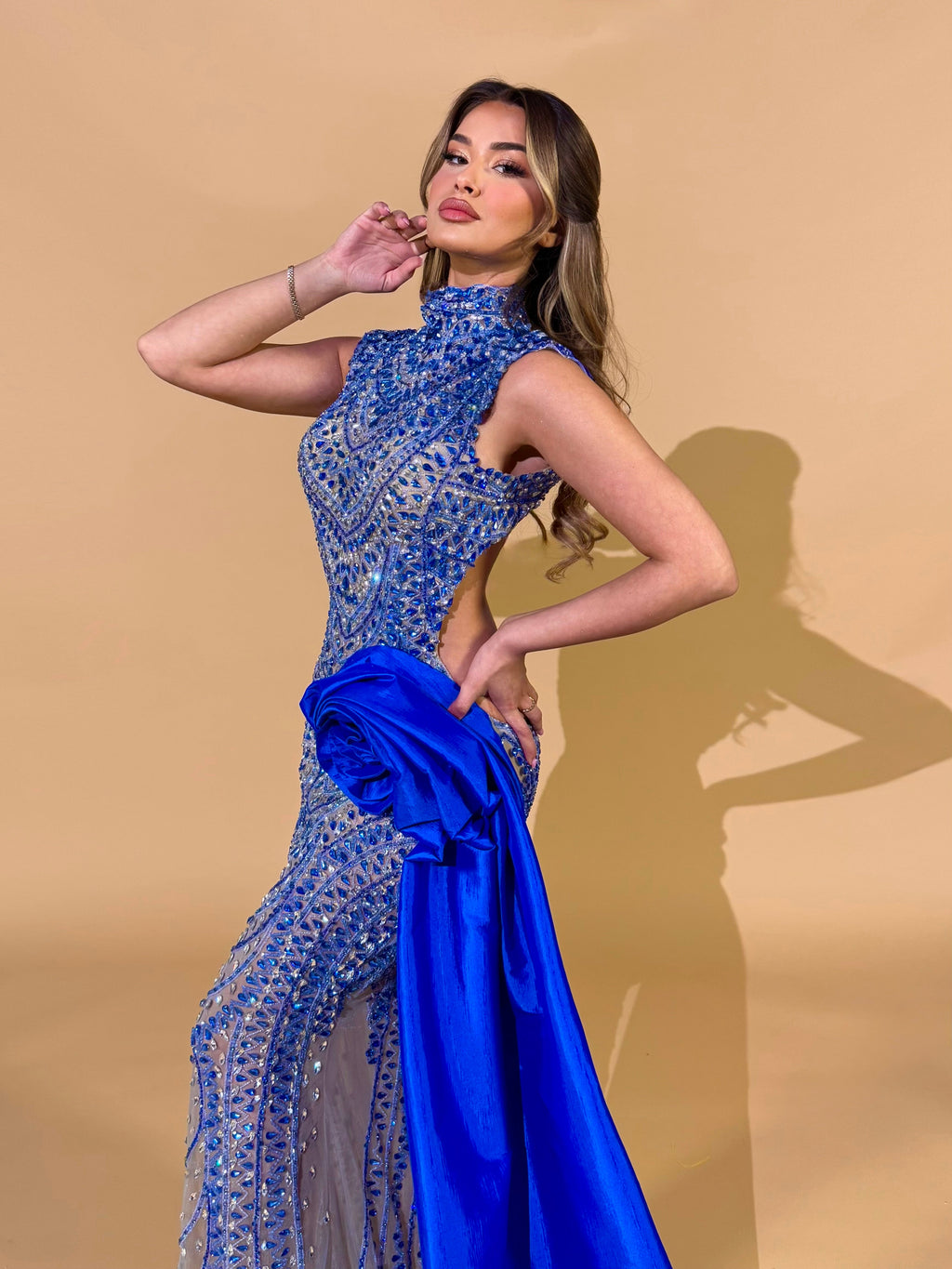 Royal Blue High Neck Crystal Cutout Gown with Draped Flower Detail