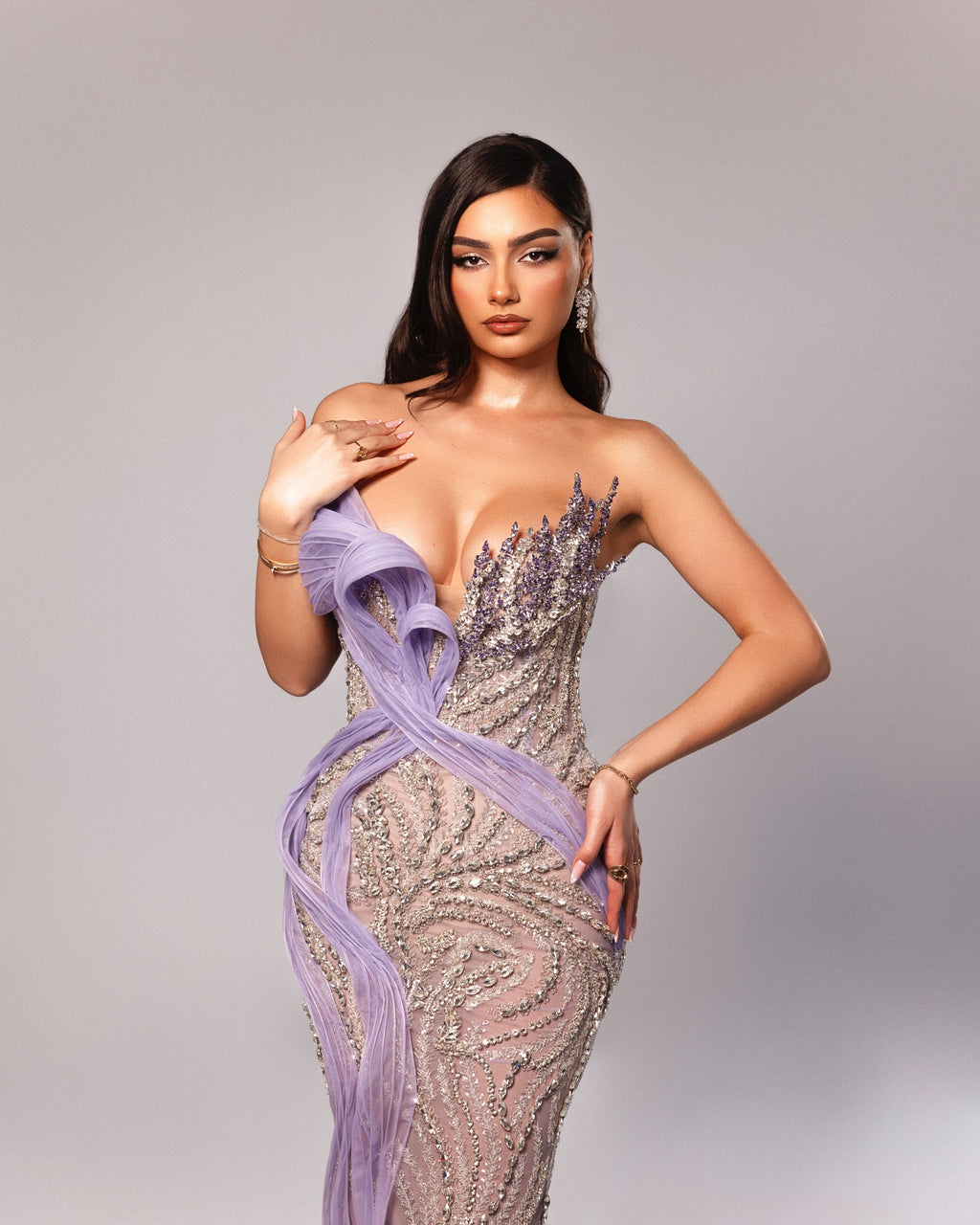Strapless Beaded Gown with Detachable Cape