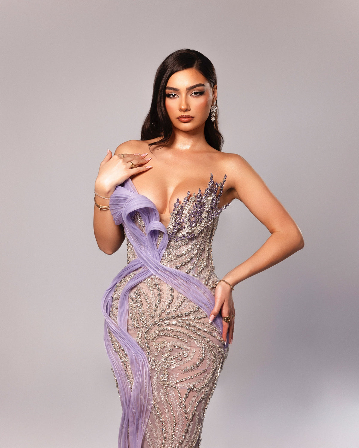 Strapless Beaded Gown with Detachable Cape