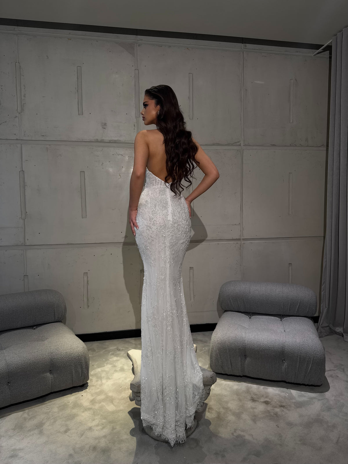 Long White Halter Neck Dress with Beaded Details