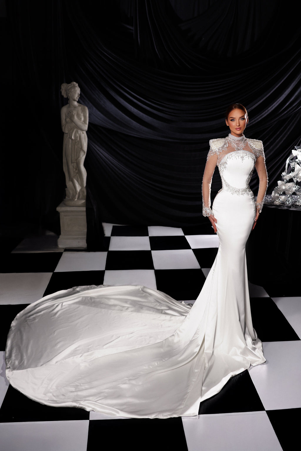 High Neck Bridal Gown with Crystal Embellishments