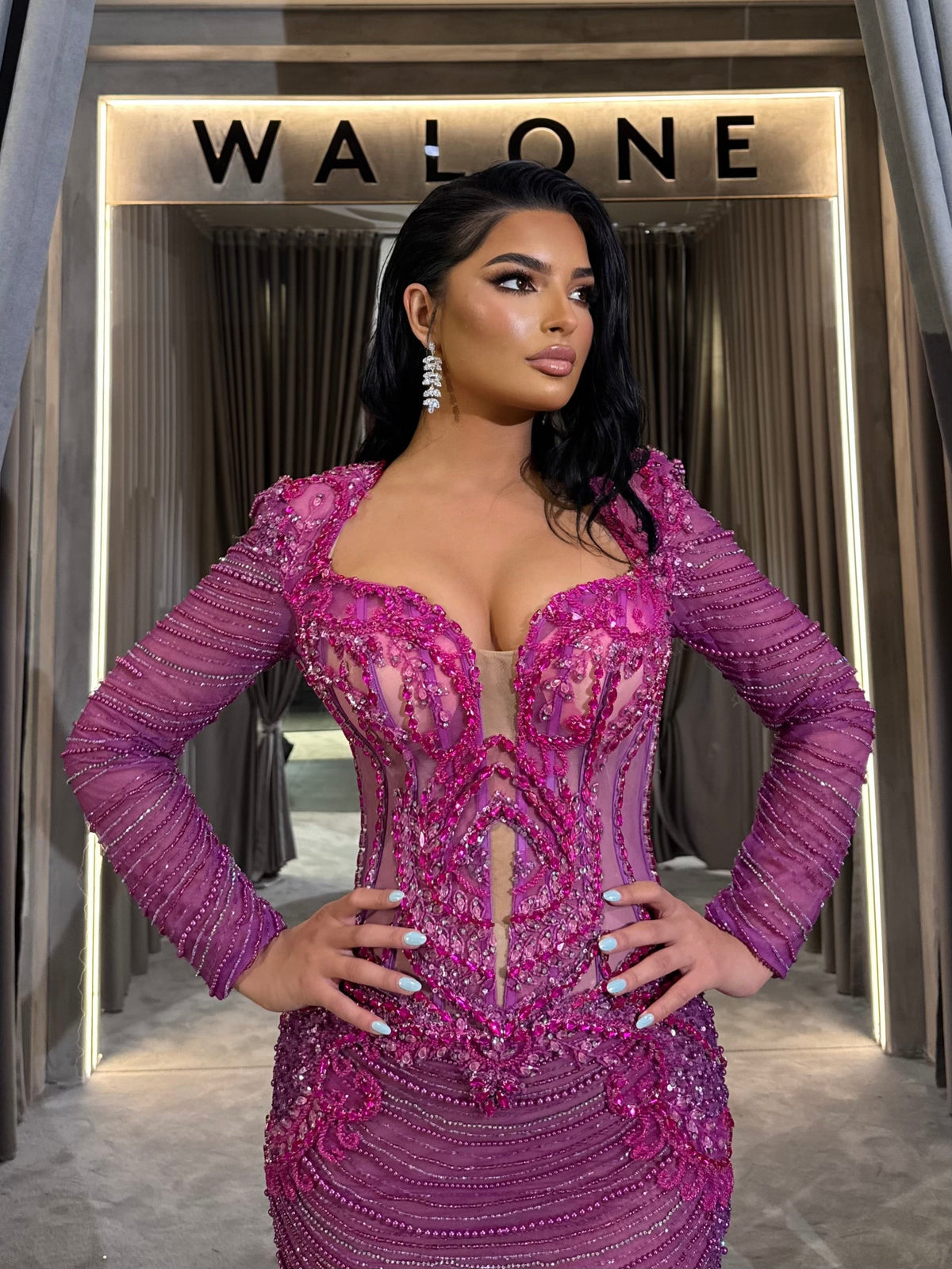 Fuchsia Corset Gown with Long Sleeves