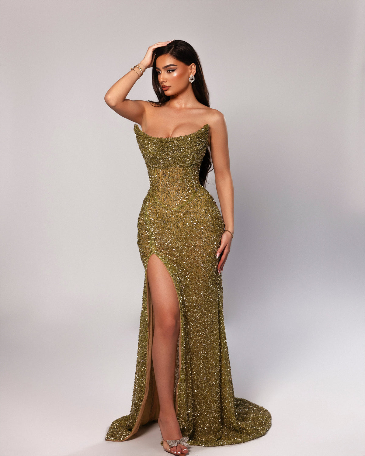 Strapless Sequin Gown with High Slit