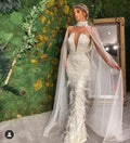 Strapless Maxi Feathered Dress with Tulle Cape