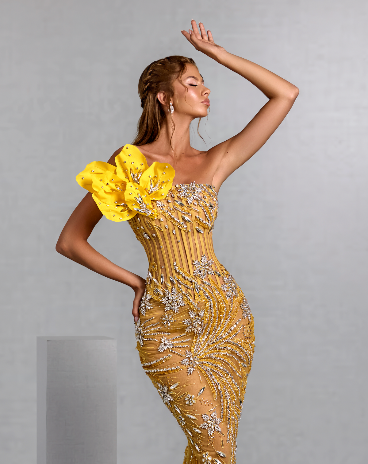 Yellow Mermaid Gown with Vine Motif and Floral Embellishment
