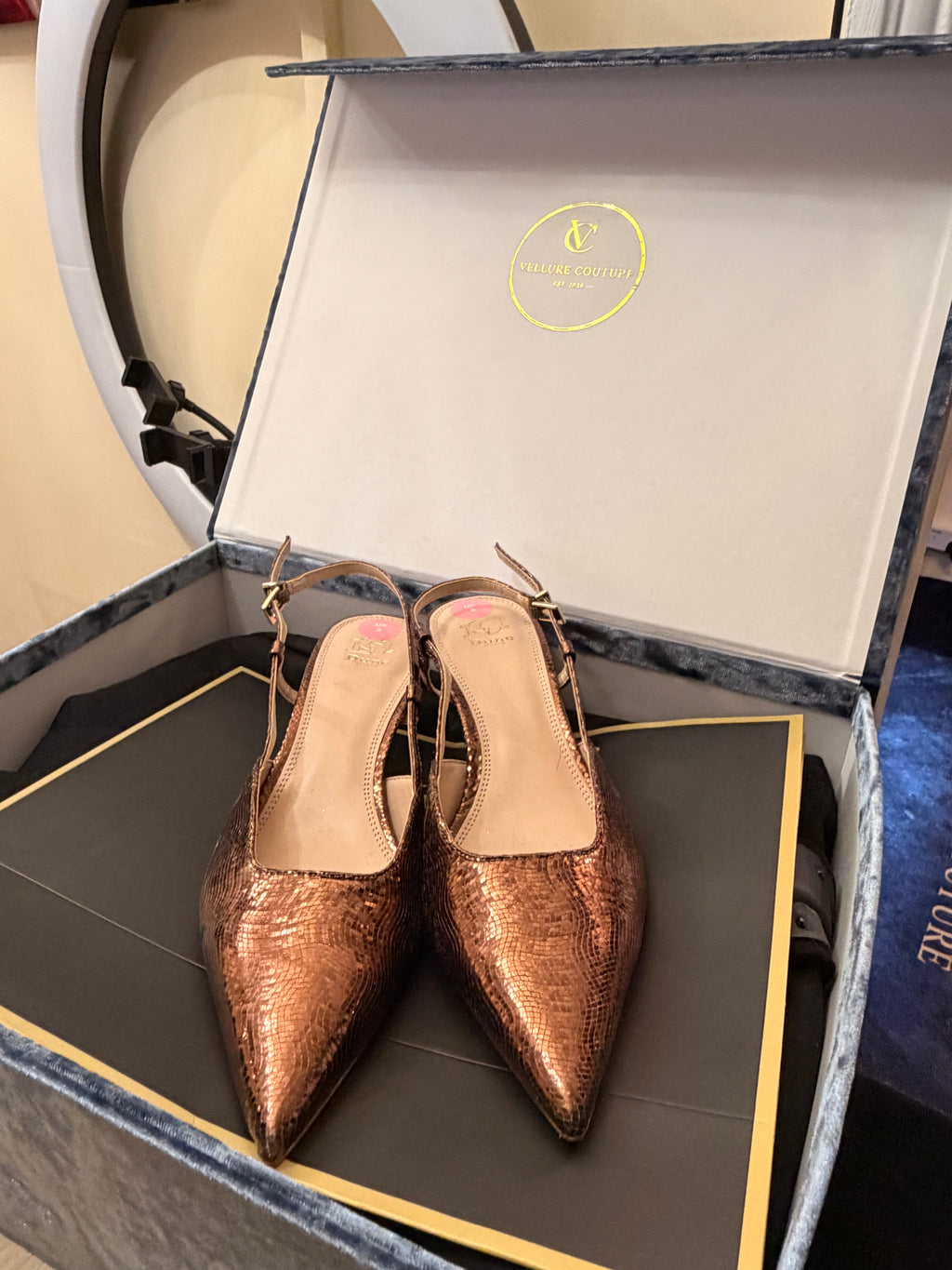 Vince Camuto Bronze Snake-Print Slingback Heels | Vellure Couture