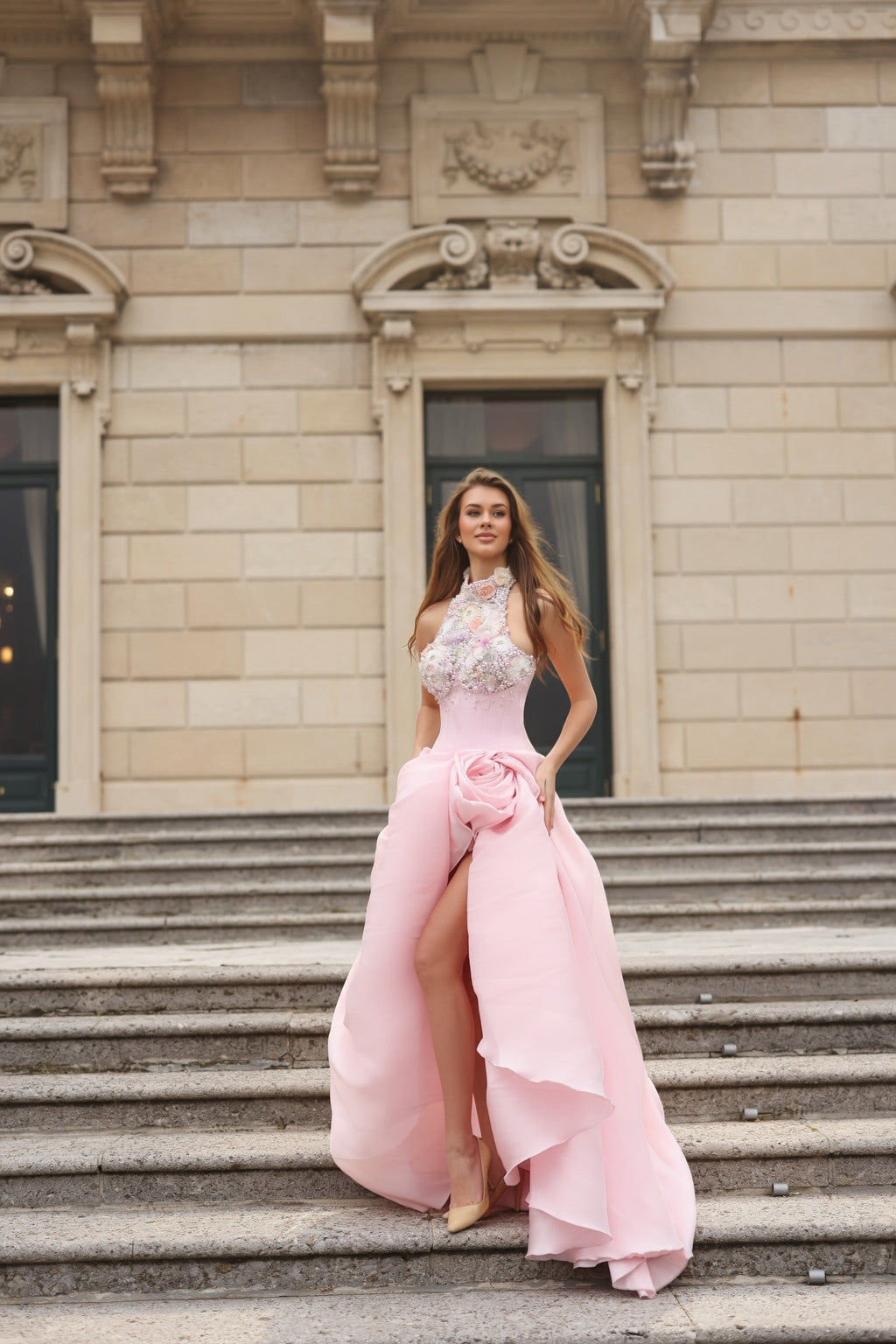 Rosina - Blush Halter Floral Gown