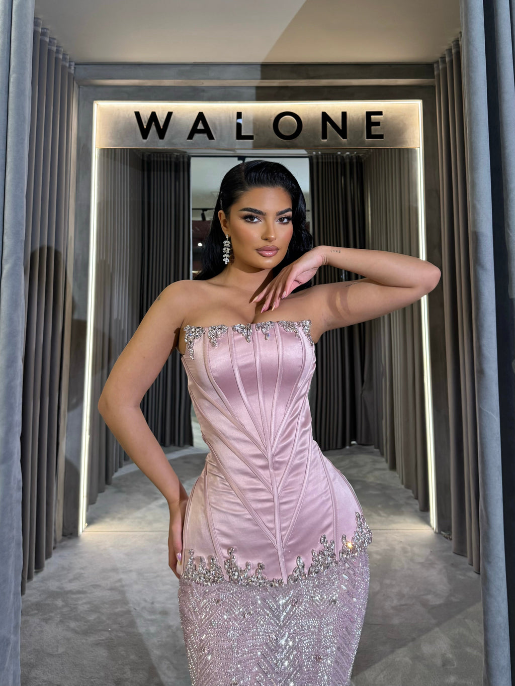 Long dress with structured satin corset and chevron sequin skirt