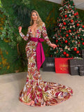 Plunging Neckline Mermaid Embroidered Dress