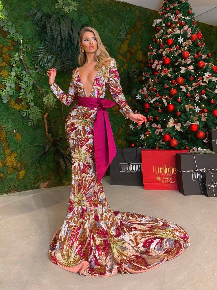 Plunging Neckline Mermaid Embroidered Dress