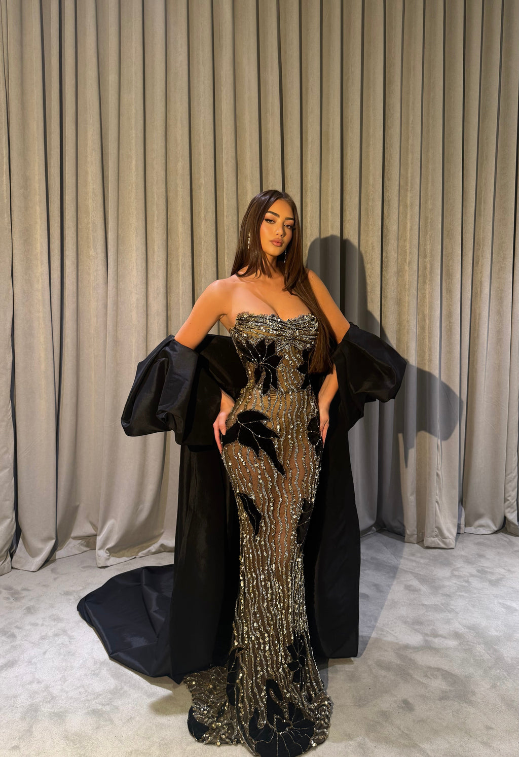Zanna - Black & Gold Embellished Mermaid Gown with Oversized Satin Cape
