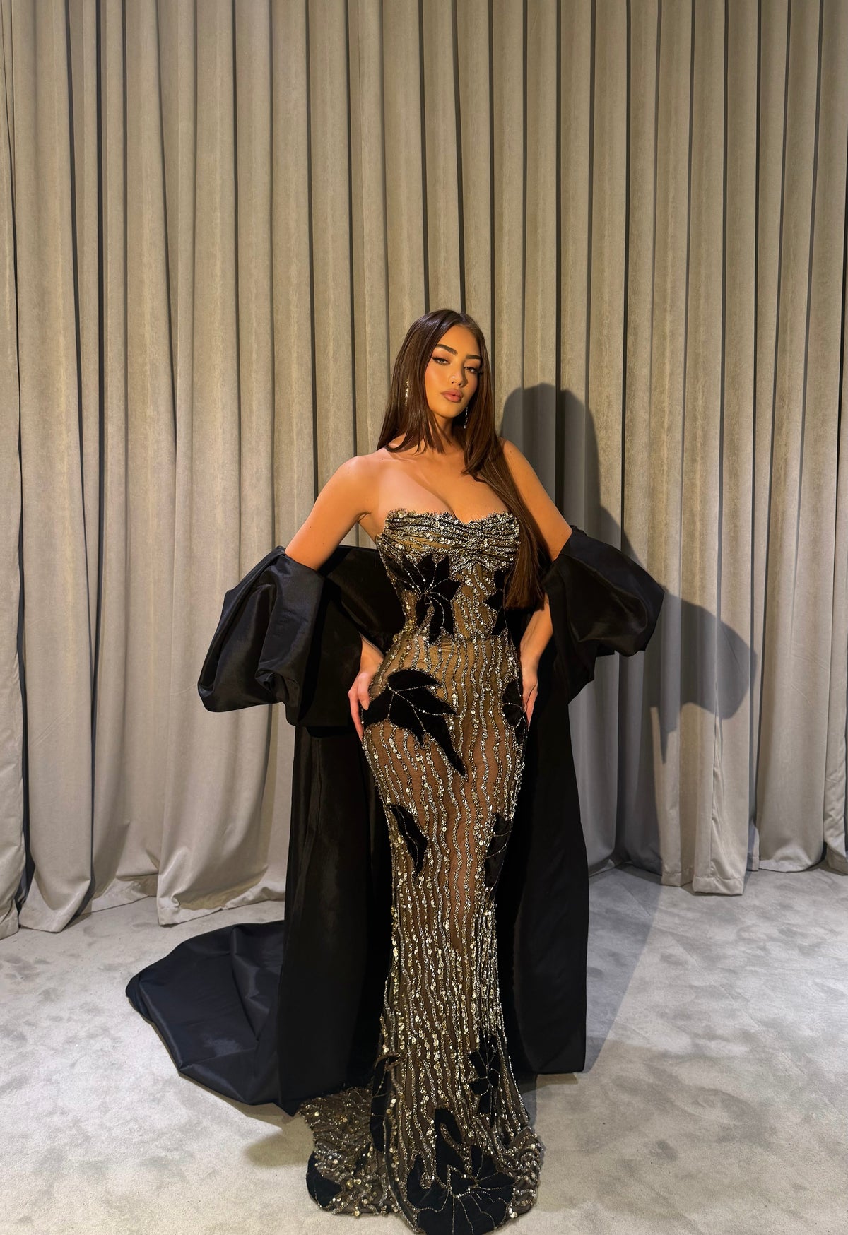 Zanna - Black & Gold Embellished Mermaid Gown with Oversized Satin Cape
