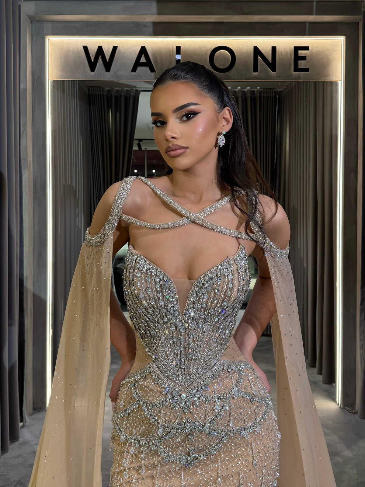 Champagne Gown with Cross-Strap Bodice and Tulle Cape