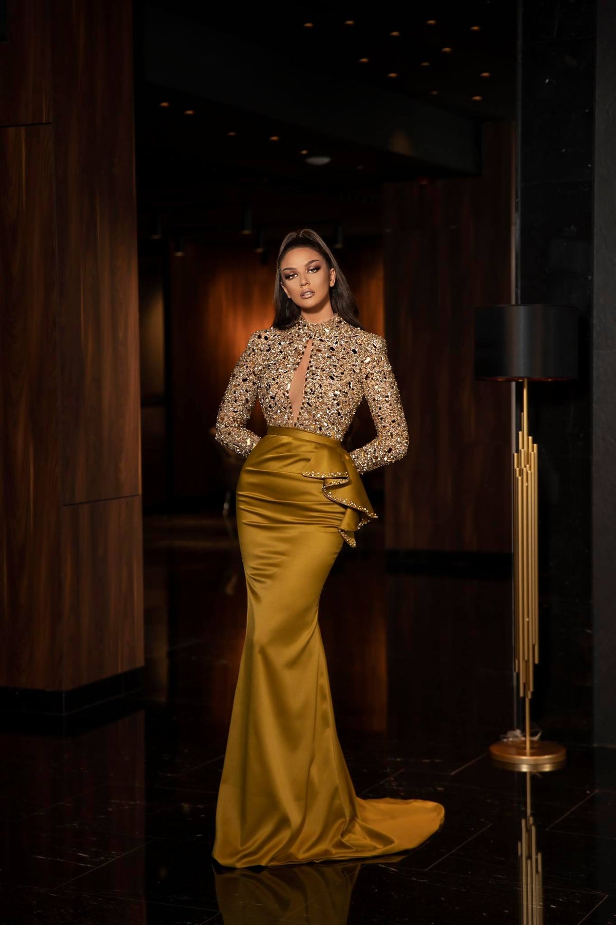 Olive Green Satin Embellished Dress