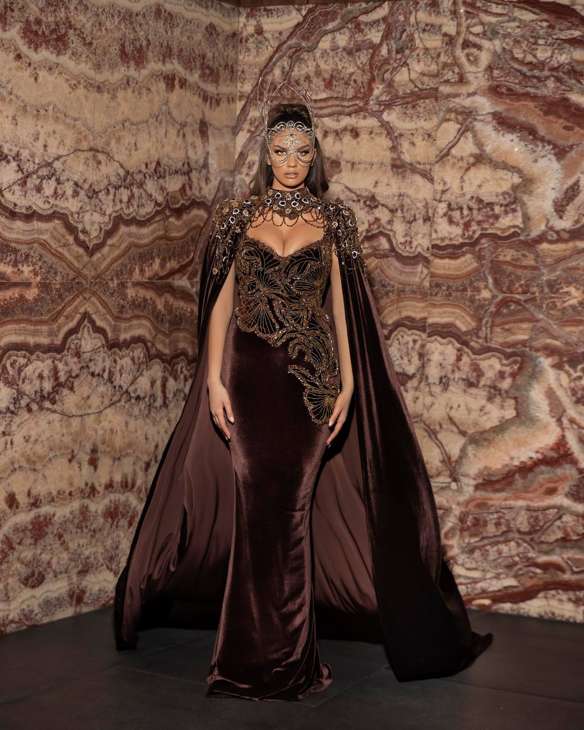 Brown Embroidered Dress with Embellished Cape