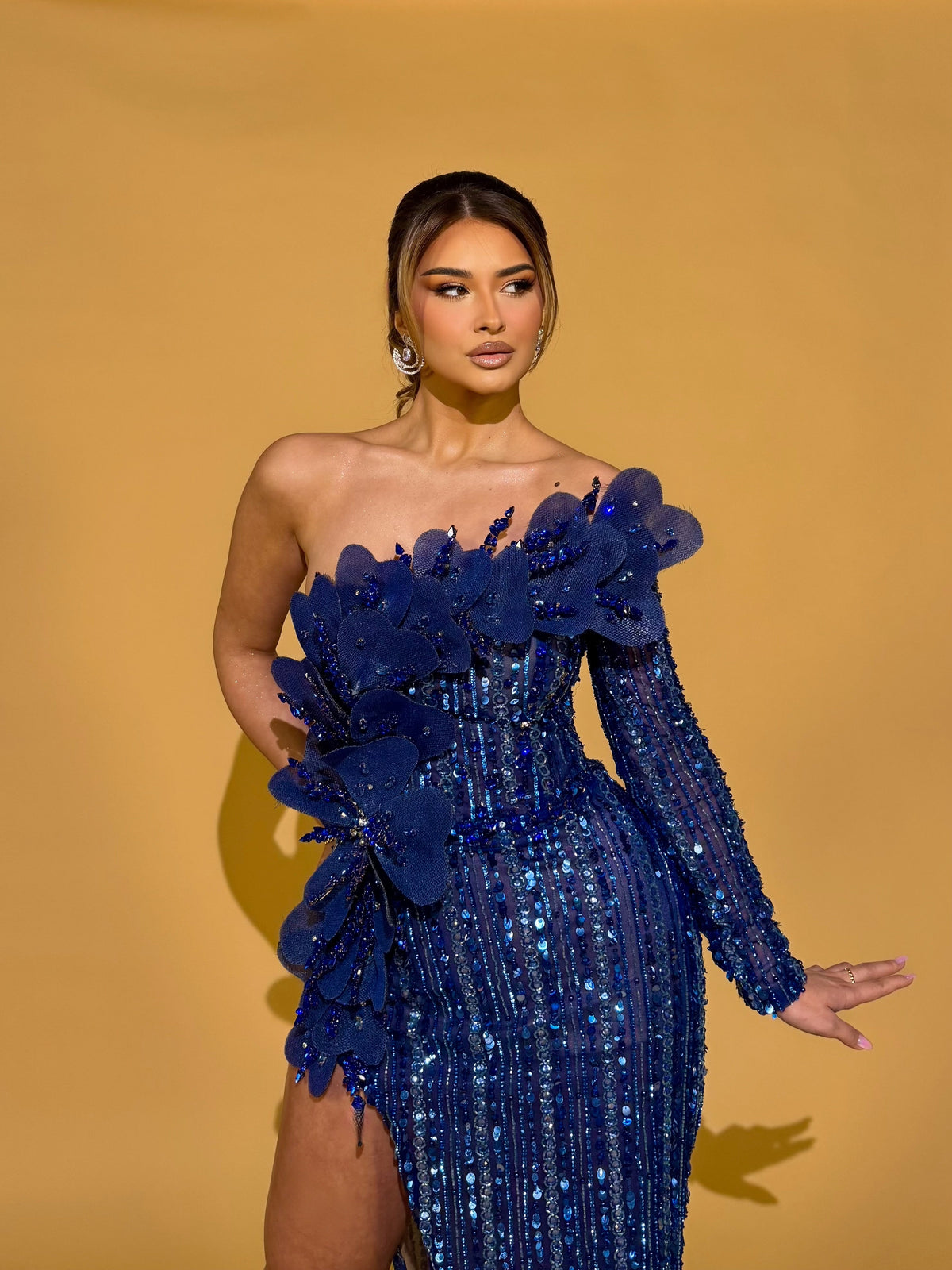 One Shoulder Sequin Gown with 3D Floral Appliqué and High Slit