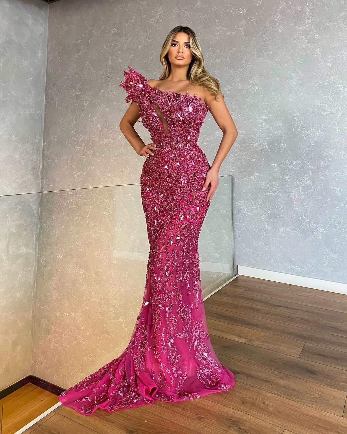 One Shoulder Pink Shimmering Gown