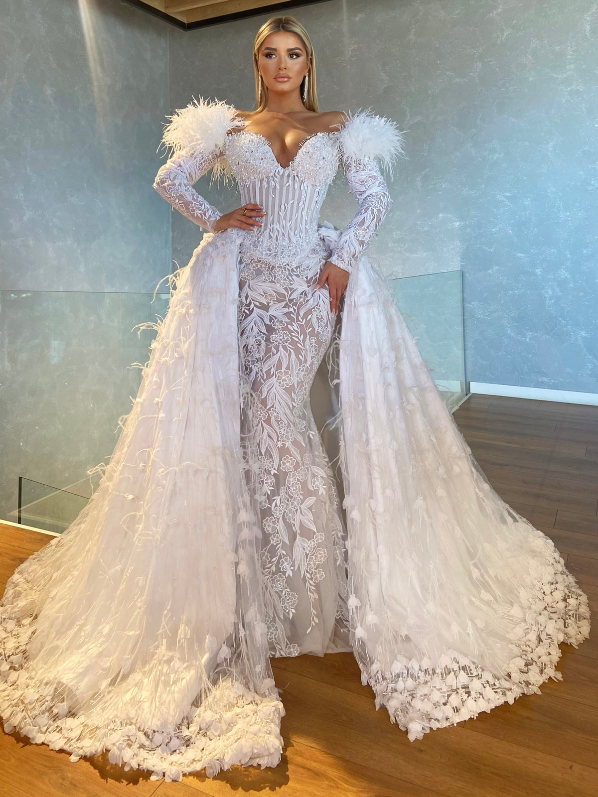 Floral Lace Bridal Dress with Detachable Train