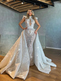 Sleeveless Silver Lace Gown with Detachable Overskirt