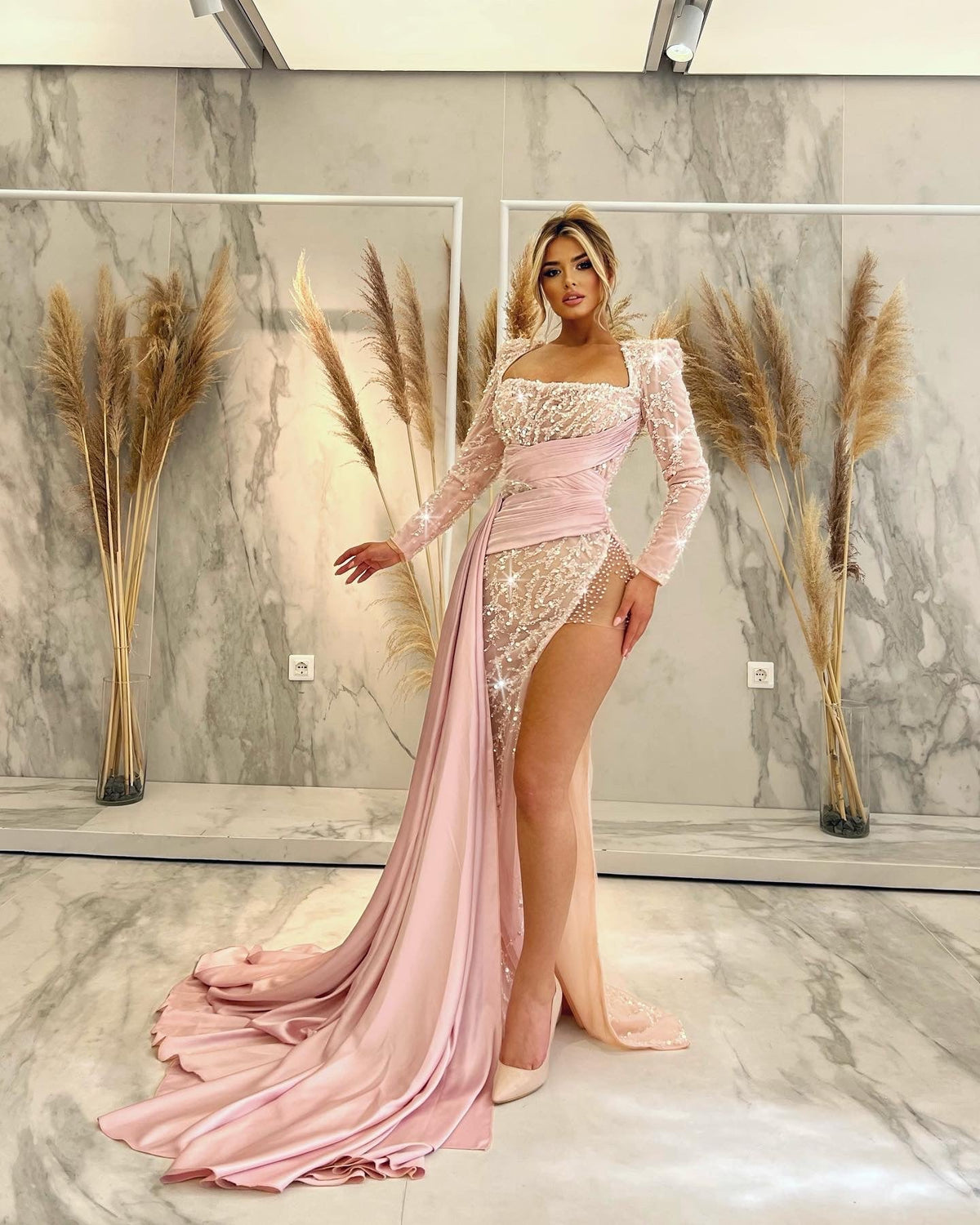 Baby Pink Beaded Dress with Satin Tail