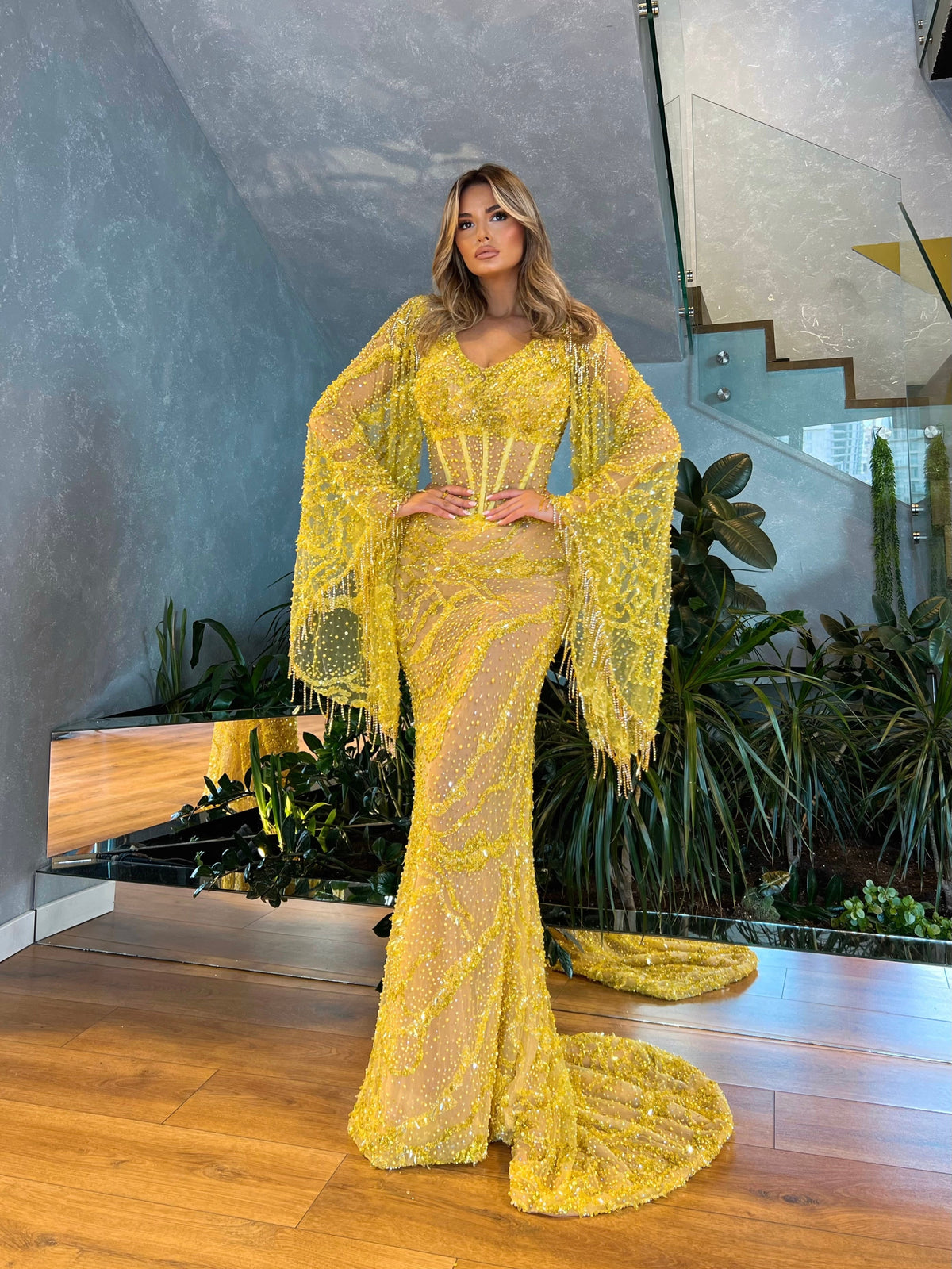 Kimono Sleeves Yellow Beaded Dress