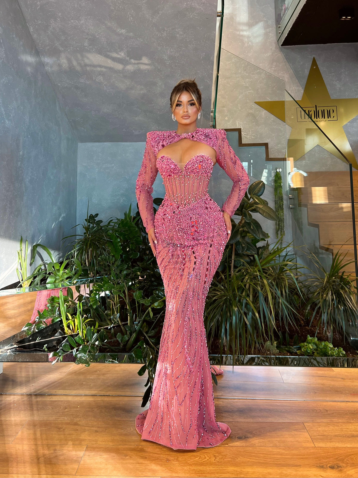Open Chest Pink Beaded Dress