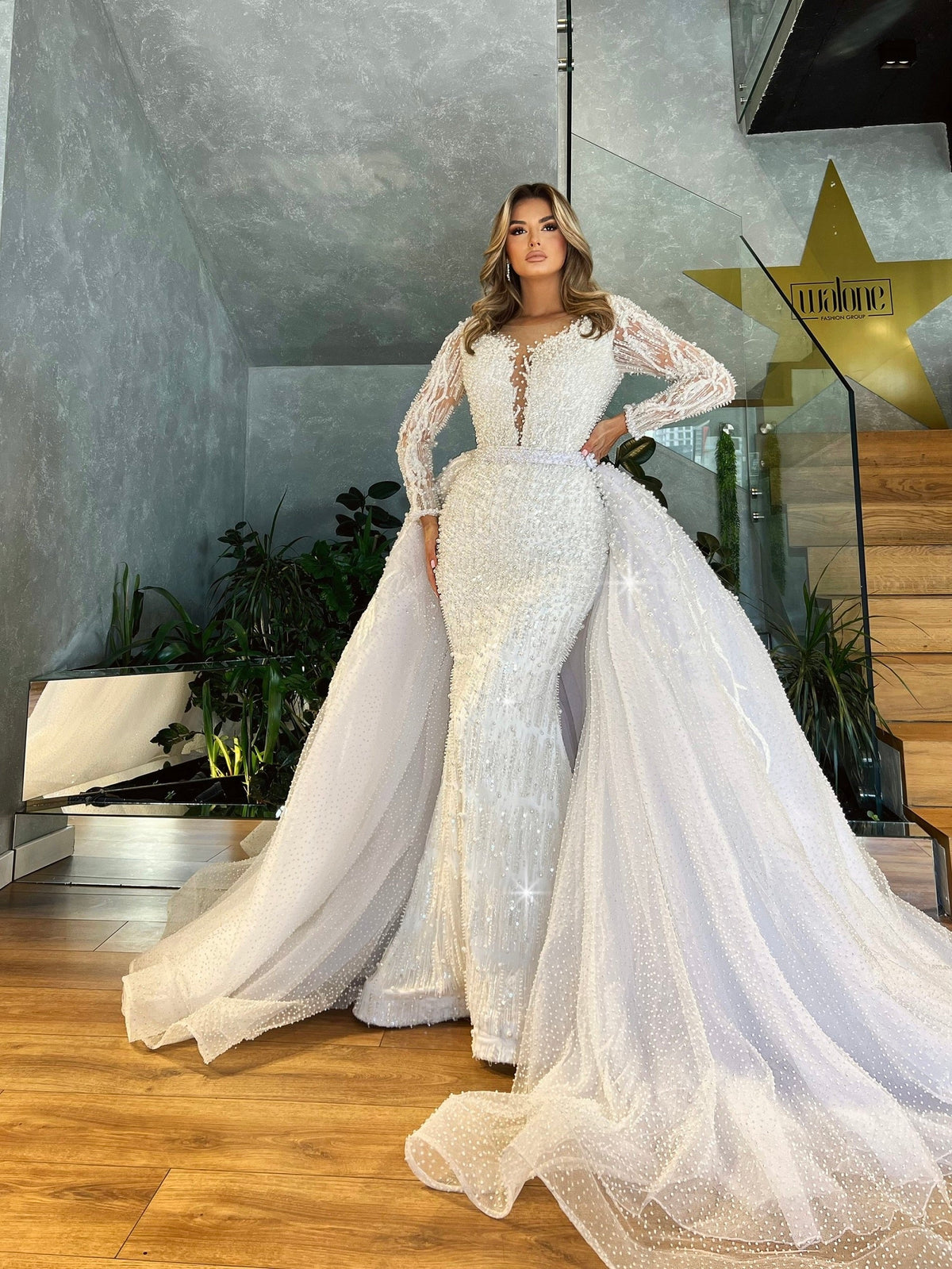 Pearl Embroidered Wedding Dress with Tulle Detachable Overskirt