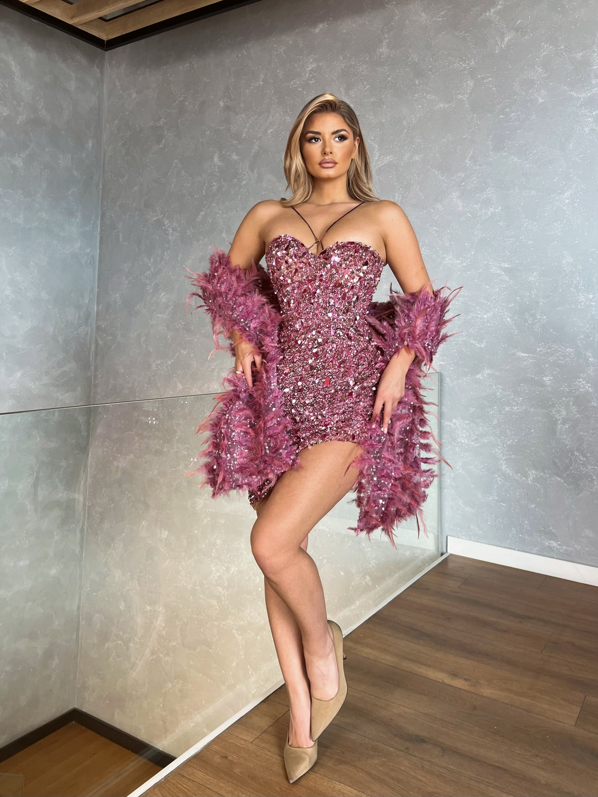 Pink Short Dress with Feathered Cape