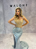 Sky Blue Satin Dress with Silver Corset