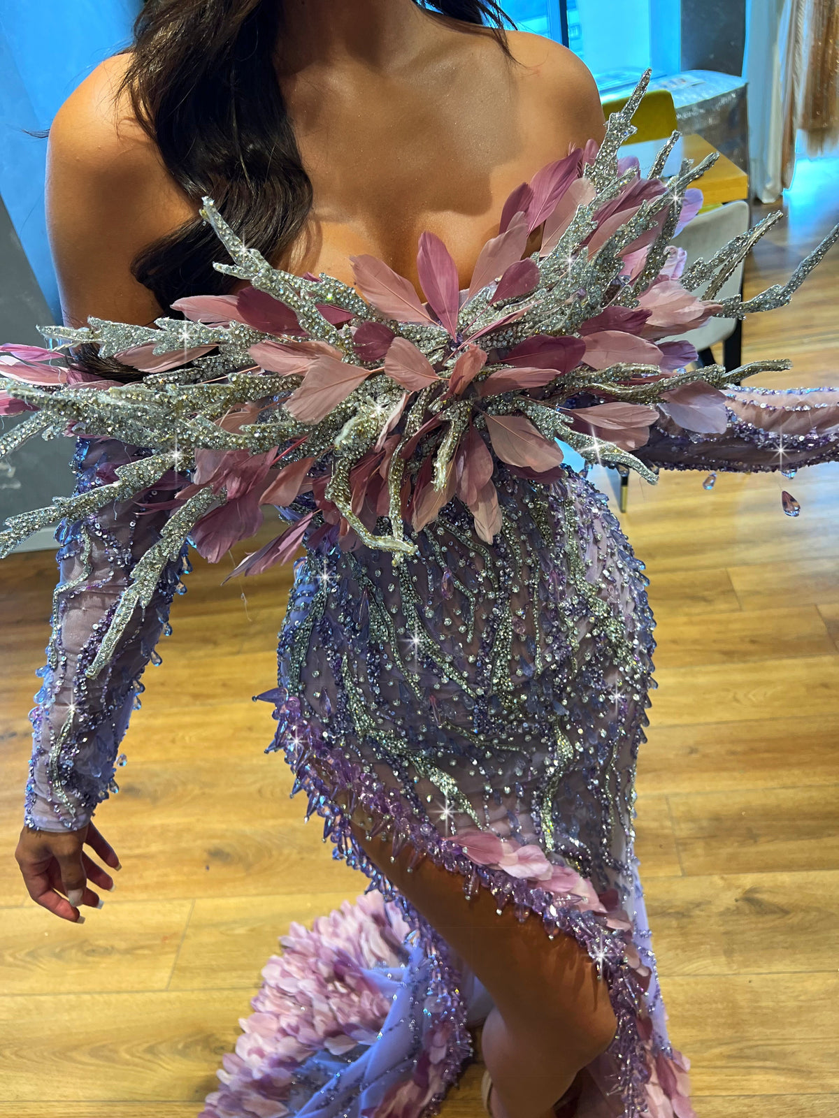 LAVENDER CRYSTAL DRESS WITH FEATHERED NECKLINE
