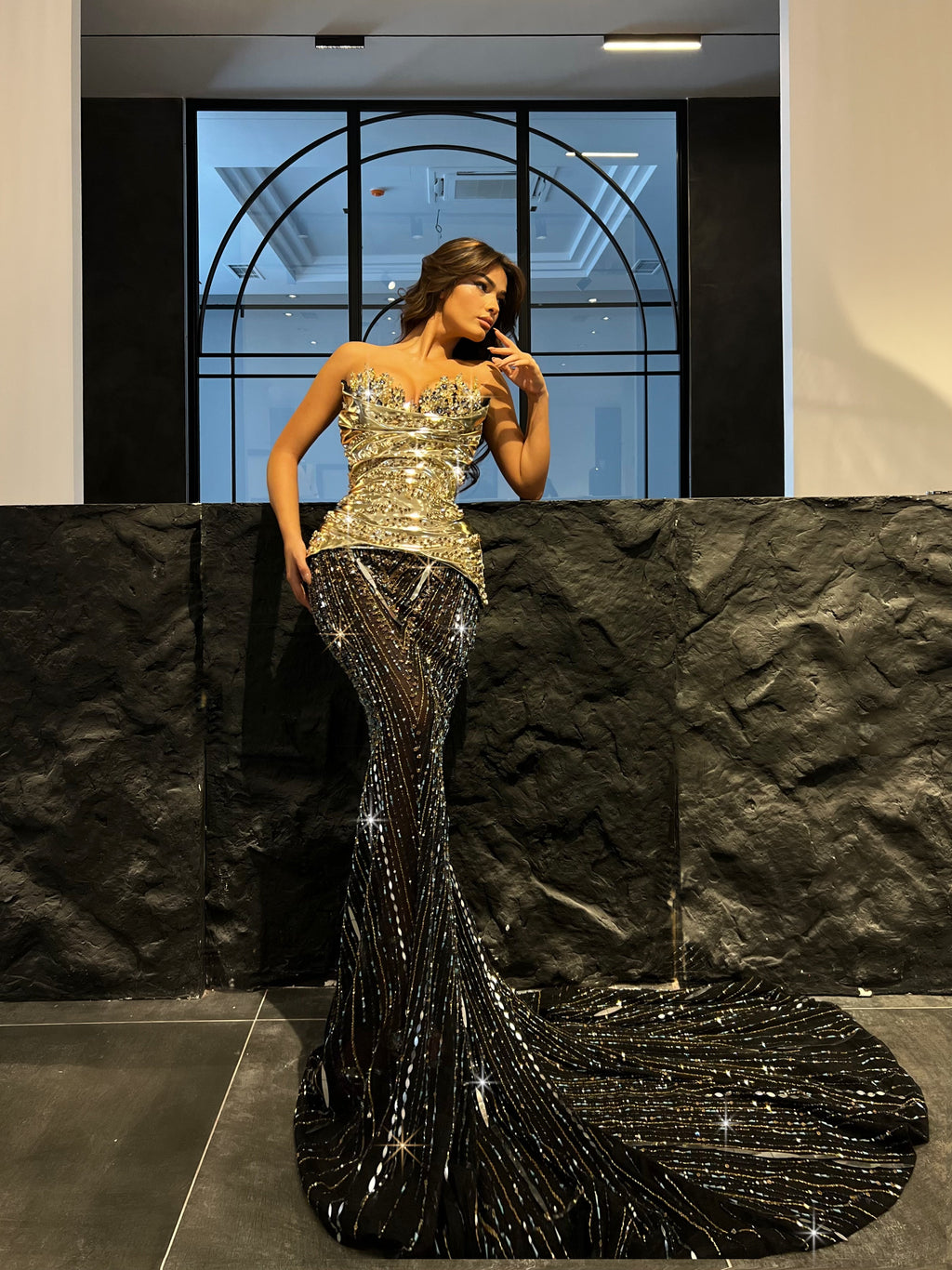 Black Mermaid Dress with Gold Embellished Latex Corset
