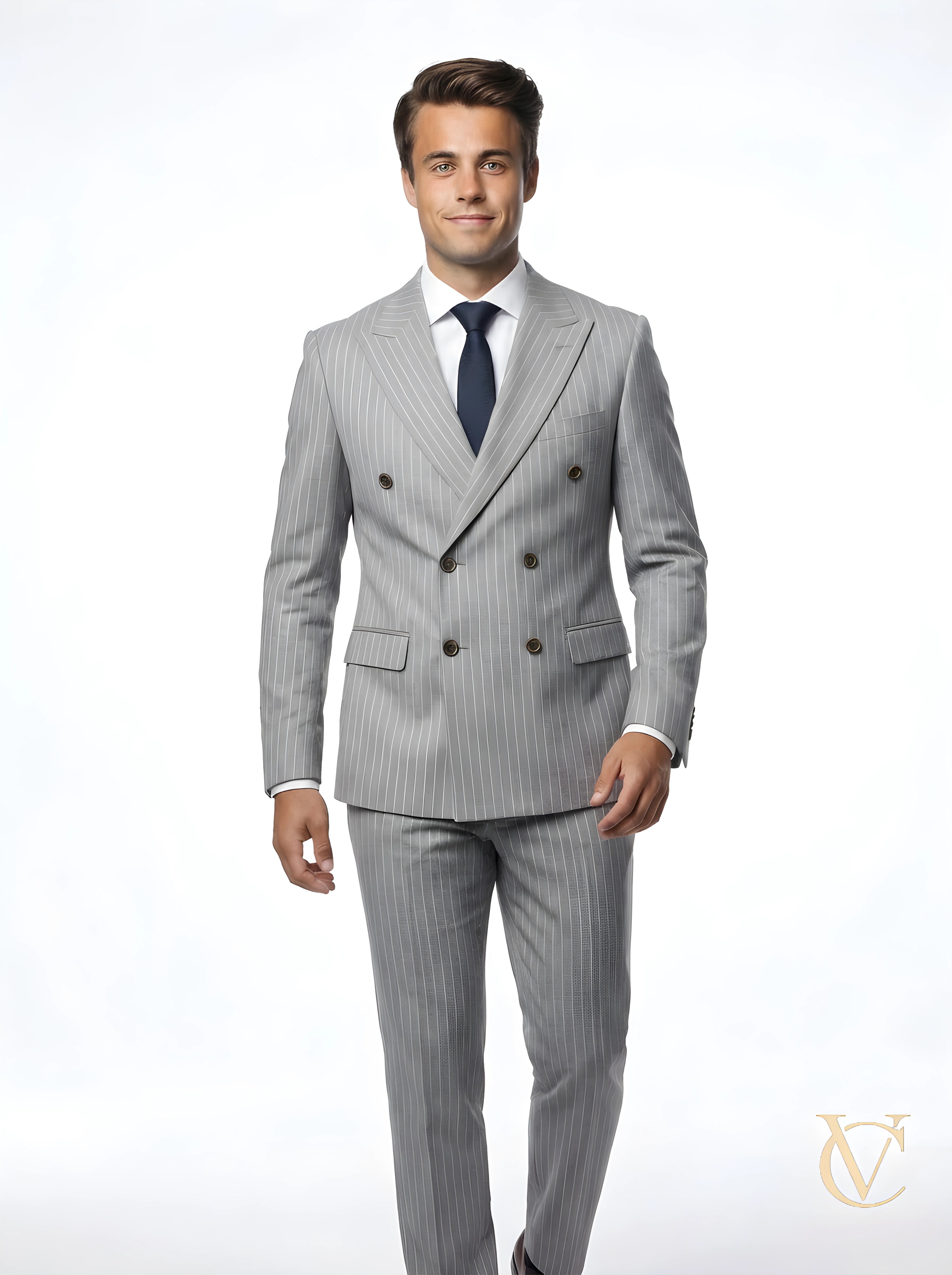 Man wearing a tailored 2-Piece Suit - Grey Striped | Vellure Couture with double-breasted jacket and matching trousers, styled with a white shirt and dark tie, standing confidently.