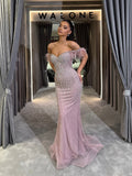 Blush & Beige Feather Off-Shoulder Beaded Gown