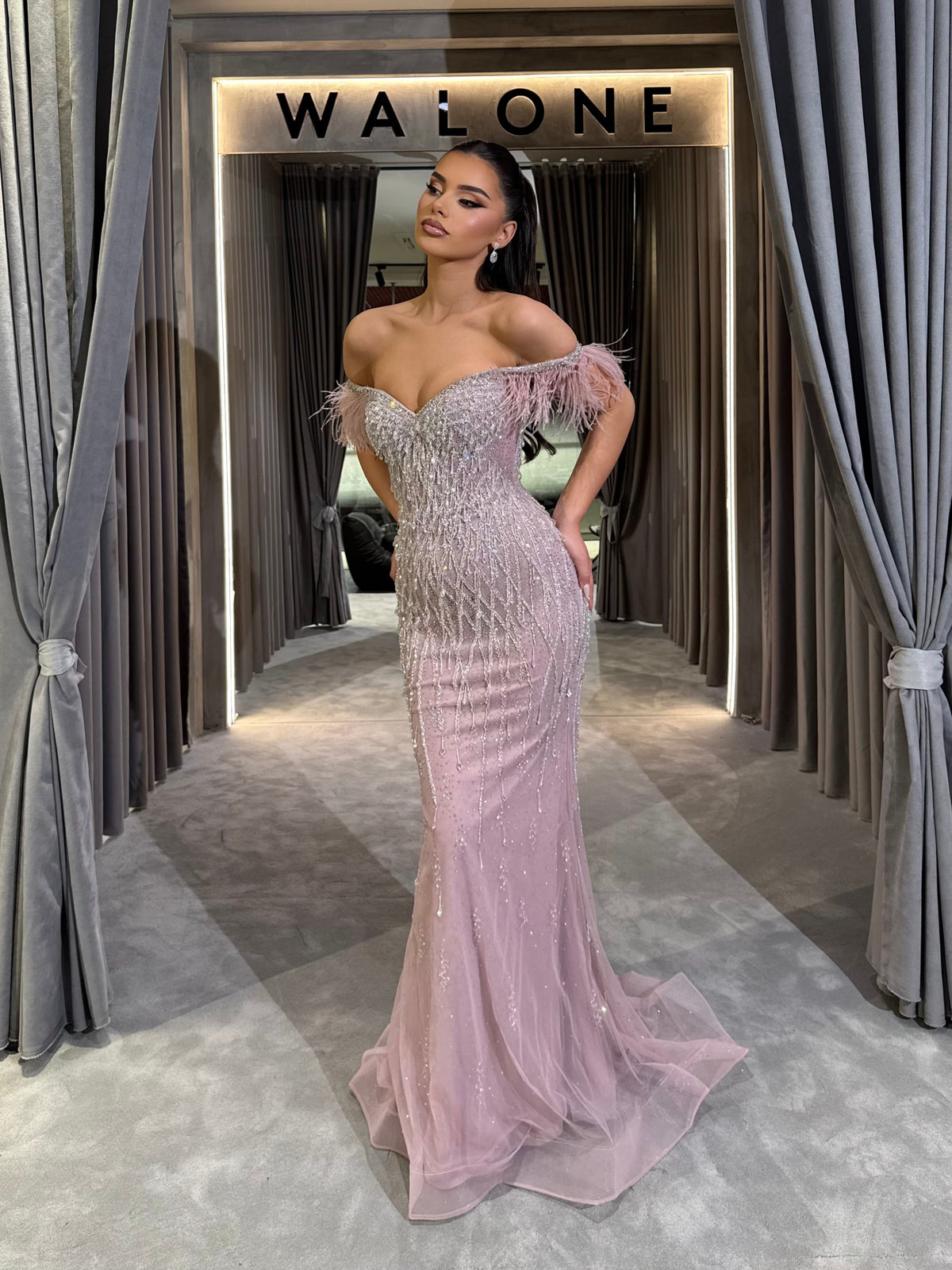 Blush & Beige Feather Off-Shoulder Beaded Gown