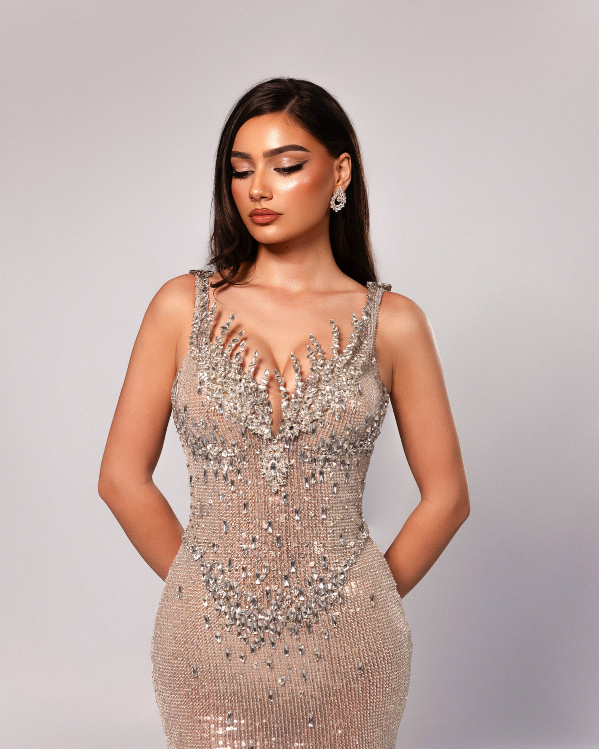 Plunging Neckline Sequin Gown with Detachable Overskirt